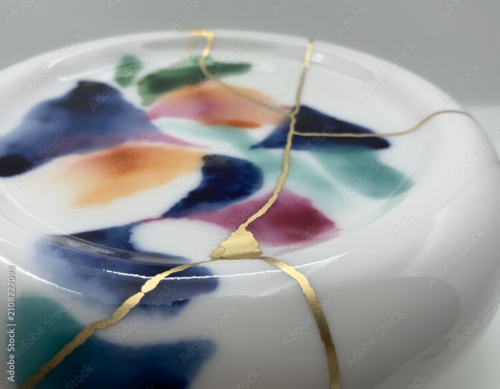 Fototapeta premium Artistic Kintsugi Restoration on Glossy White Ceramic Surface with Vibrant Abstract Painted Patterns