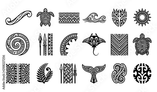 Polynesian Tribal Ornament Collection Featuring Marine Inspired Decorative Symbols and Traditional Pattern Elements Illustration