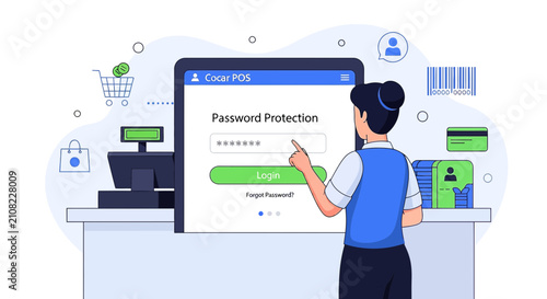 Retail cashier logging into POS system with password protection.