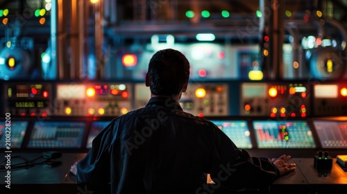 Obraz na płótnie Control panel operator in dark industrial setting