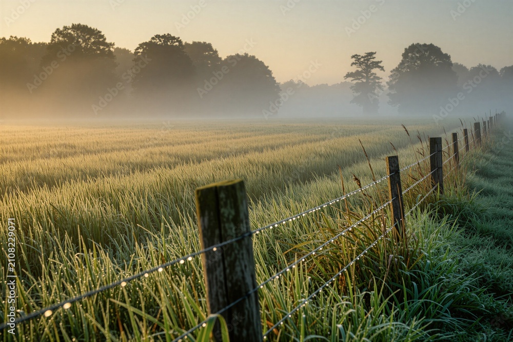 Obraz premium Thick fog covers green grass field during golden sunrise. Wooden fence posts with wire line meadow boundary in rural countryside. Trees stand in soft misty background air at dawn. Nature landscape