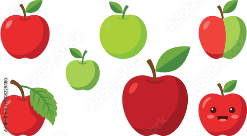 Fresh Red and Green Apple Fruit Vector Set Featuring Flat Minimalist Icons and One Cute Kawaii Cartoon Character Face for Healthy Food Graphics