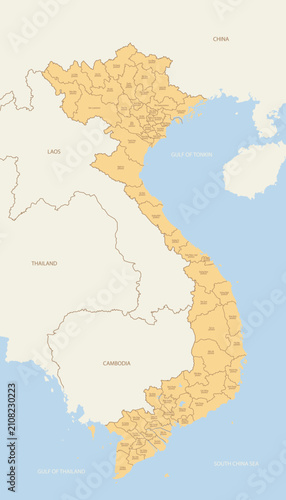 Colored map of Vietnam provinces and economic regions, Asian country borders, detailed vector illustration