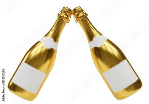 Two champagne bottles clinking together isolated on white background