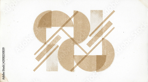 Abstract geometric risograph print with beige shapes and textured grain overlay pattern.