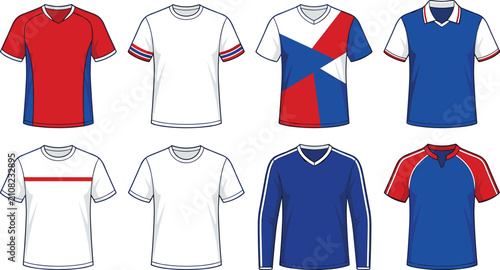 Red White and Blue Sports Jersey Template Vector Set Featuring Blank T-Shirt and Long Sleeve Mockups for Soccer Football Teams and Athletic Apparel Designs
