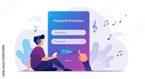 Person listening to music while logging into a password protected app