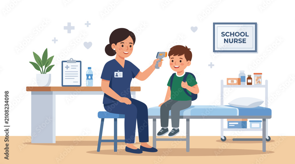 Obraz premium Pediatric nurse examining young student in school infirmary.