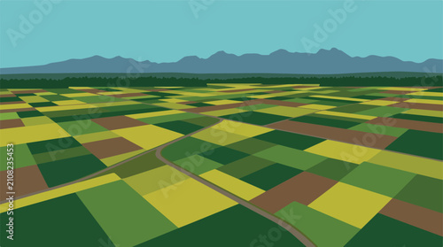Aerial View of Agricultural Fields and Farmland with Distant Mountains Vector Illustration