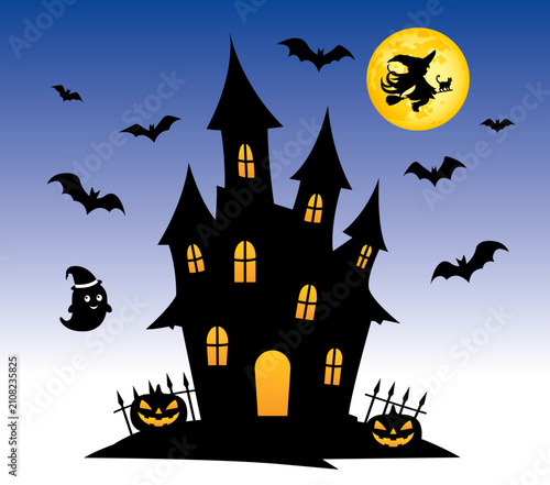 Halloween night illustration with haunted house silhouette witch on broom and full moon