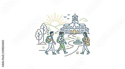 Students walk towards educational building at sunrise with backpack