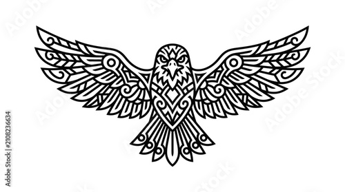Stylized bird of prey with ornate wings and intricate patterns