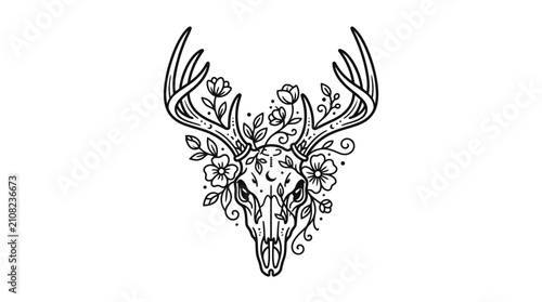 Stylized deer skull with floral ornamentation and celestial symbols line art