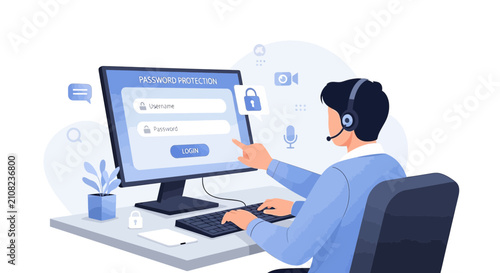 Man with headset logs into secure system on computer, password protection