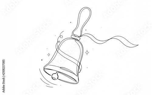 Single line drawing of a ringing bell with ribbon and festive sparkles isolated on transparent background