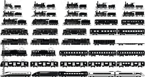 Quadro su tela Train Silhouette Collection with Steam Locomotives Passenger Freight and High Sp