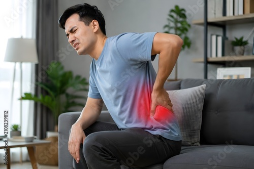 Young Asian Man Suffering from Severe Lower Back Pain While Sitting on Sofa at Home – Acute Lumbar Pain, Muscle Strain, Sciatica and Healthcare Concept. 