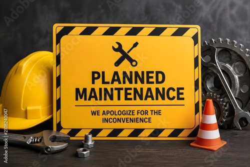 Planned Maintenance Warning Sign with Safety Helmet, Industrial Tools and Mechanical Gears on Dark Background for Repair, Engineering and Equipment Service Concept. 