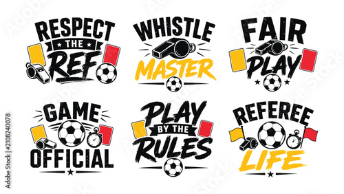 Bild auf Leinwand Collection of six artistic football referee illustrations with text quotes and i