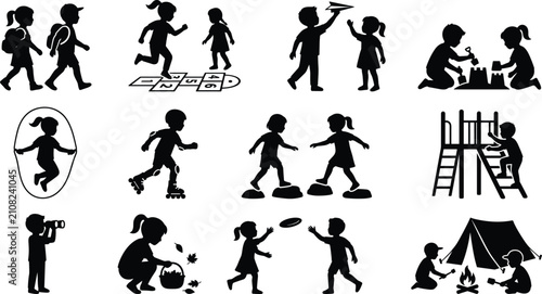 Принти на полотні Set of children silhouettes engaging in outdoor activities, sports, and playtime