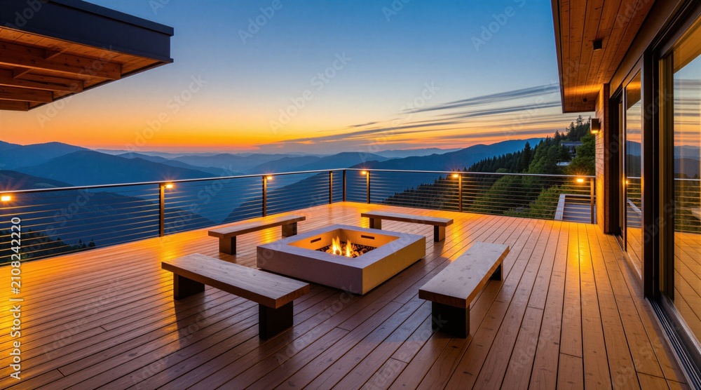Obraz premium Modern wooden terrace deck at sunset with mountain landscape background. Fire pit glows with warm light on outdoor balcony. Luxury resort architecture features peaceful panoramic view over forest