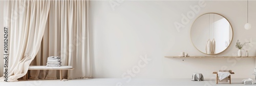 Minimalist empty living room interior mock up with beige wall copy space curtains and bench panoramic banner