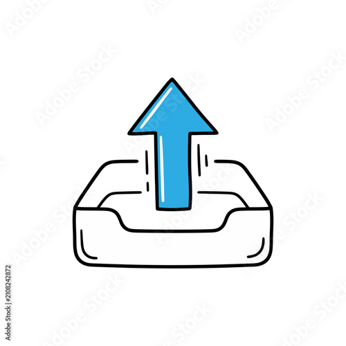 Foto Upload icon with blue arrow pointing up from outbox tray for file transfer web i