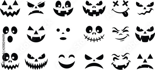 Konstfotografi A collection of eighteen distinct black and white jack-o'-lantern face designs a
