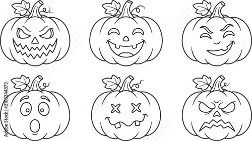 Bild auf Leinwand A collection of six distinct black and white line art Halloween pumpkin illustra