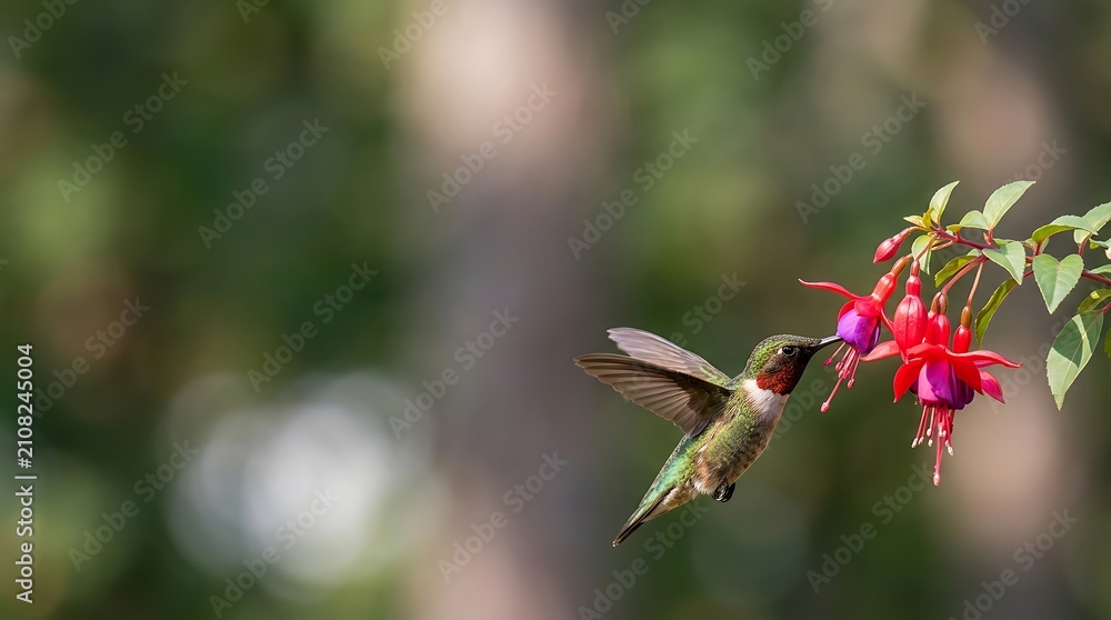 Fototapeta premium Ruby-throated hummingbird hovering and feeding on red fuchsia flowers