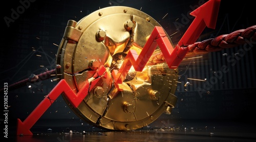 Golden Vault Explosion with Red Arrow Symbolizing Growth, Success, and Financial Prosperity in Dynamic Stock Market Environment