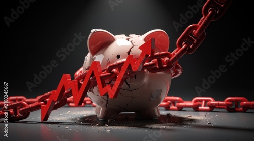 Broken piggy bank chained with red chains, symbolizing financial struggle, debt, and obstacles in savings and investment in the economy and personal finance