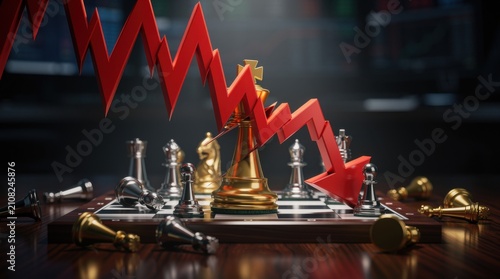 A Dramatic Chessboard Scene with a Golden King Surrounded by Falling Red Arrow Indicatives of Decline and Strategic Challenges in a Competitive Game