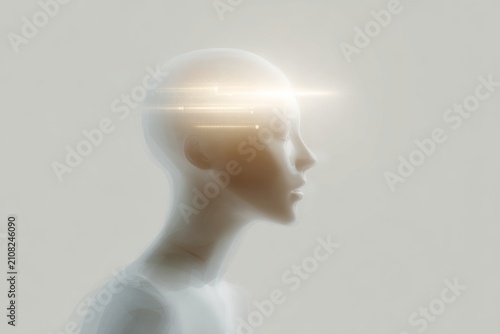 Minimal white ai head profile with soft horizontal light flare for technology background and futuristic portrait design