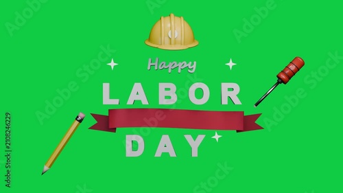 On load 3D greeting building hardhat sliding text forming honoring US workers on transparent canvas