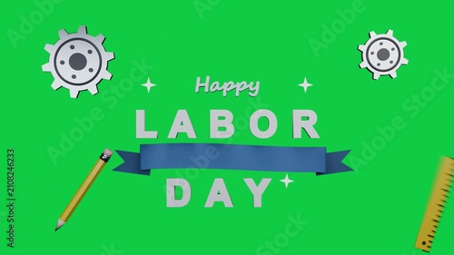 LABOR DAY card forming on transparent background, pencil, ruler sliding, ribbon honoring US worker