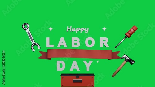 Toolbox rising revealing Happy LABOR DAY tools joining honoring US worker on transparent background