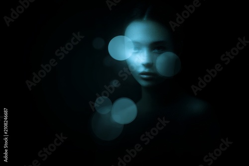 Dark moody female face merged with floating blue chat ui orbs and soft spotlight for chatbot interface poster and dramatic tech design