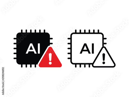 Ai chip icon with warning sign, artificial intelligence processor with alert symbol, vector illustration