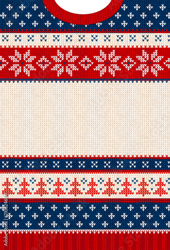 Winter knitted texture template with text space for holiday greeting card, party invitation, advertising banner. Festive traditional ornament background, red, blue, white colors.