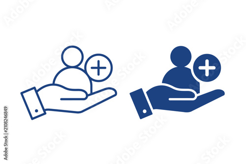 Hand holding a user icon with a plus sign, representing adding a new contact or member, vector illustration