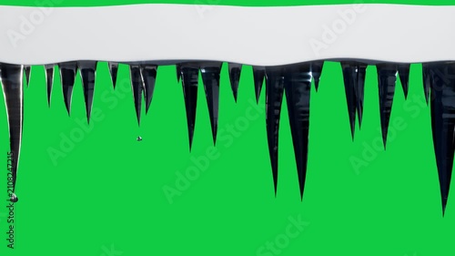 Glassy icicles growing from ice ridge, drip forming falling droplets sparking on transparent black
