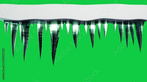 Green pulse moving under shelf urging icicles growing glowing forming row on transparent background