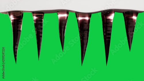 Glossy drips elongating, tip beads forming, detaching as droplets on transparent bg showing gloss