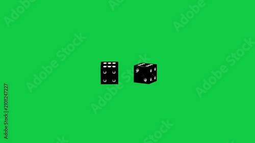 Drop sending two dice rotating, colliding, settling paired on transparent background to reveal pips