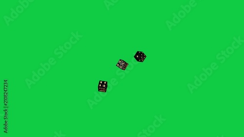 Three glossy dice appearing, tumbling down-left, spreading to show motion on transparent backdrop