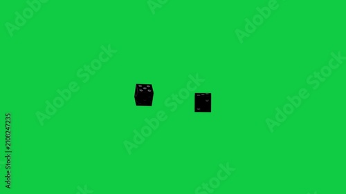 On start, two dice rotating and slowing over transparent field, showing cyan magenta rim highlights