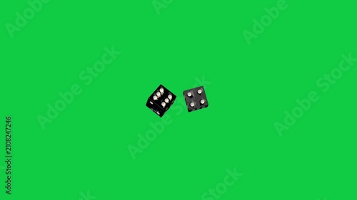Spawn 3D black dice tumbling, colliding, slowing, settling on transparent bg showing double four