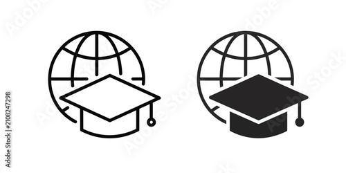 Set of graduation cap and globe icons, international education concept, vector illustration