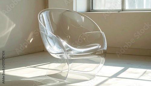 A clear, curved armchair sits in a brightly lit room with window light